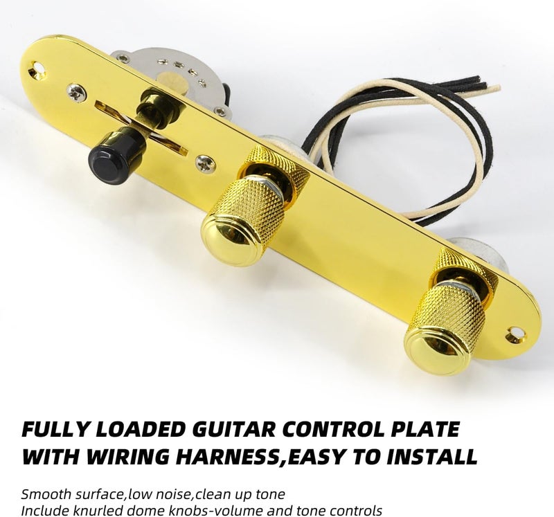 Domofa Loaded Guitar Control Plate Prewired 3-Way Switch 250K Large Potentiometers Knurled Volume Tone Controls Knobs for Tele/Telecaster Electric Guitar Parts Replacement (Gold) - Image 2